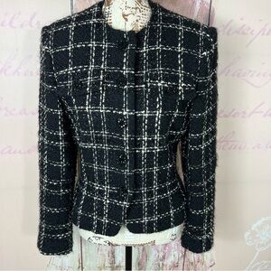 Albert Nipon Tweed Wool Blend Blazer Business Jacket Black White Sz 8 Vintage